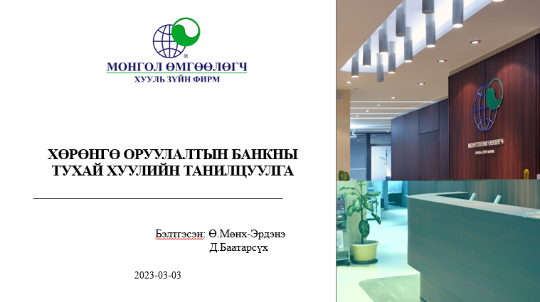 ХӨРӨНГӨ ОРУУЛАЛТЫН БАКНЫ ТУХАЙ ХУУЛИЙН ТАНИЛЦУУЛГА