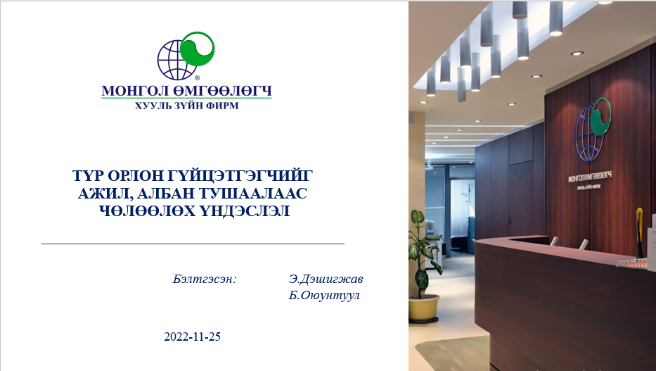 ТҮР ОРЛОН ГҮЙЦЭТГЭГЧИЙГ АЖИЛ, АЛБАН ТУШААЛААС ЧӨЛӨӨЛӨХ ҮНДЭСЛЭЛ