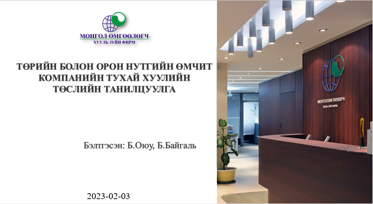 ТӨРИЙН БОЛОН ОРОН НУТГИЙН ӨМЧИТ КОМПАНИЙН ТУХАЙ ХУУЛИЙН ТӨСЛИЙН ТАНИЛЦУУЛГА