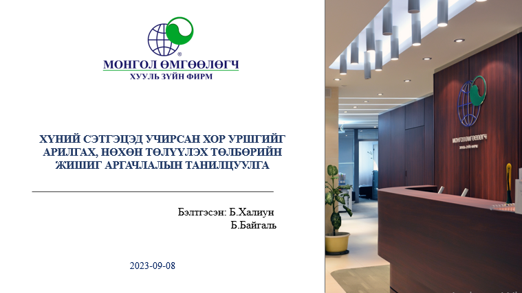 ХҮНИЙ СЭТГЭЦЭД УЧИРСАН ХОР УРШГИЙГ АРИЛГАХ, НӨХӨН ТӨЛҮҮЛЭХ ТӨЛБӨРИЙН ЖИШИГ АРГАЧЛАЛЫН ТАНИЛЦУУЛГА