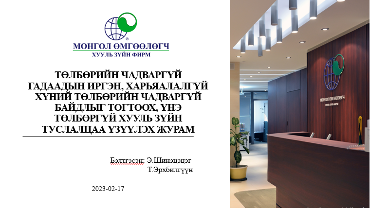 ТӨЛБӨРИЙН ЧАДВАРГҮЙ ГАДААДЫН ИРГЭН, ХАРЬЯАЛАЛГҮЙ ХҮНИЙ ТӨЛБӨРИЙН ЧАДВАРГҮЙ БАЙДЛЫГ ТОГТООХ, ҮНЭ ТӨЛБӨРГҮЙ ХУУЛЬ ЗҮЙН ТУСЛАЛЦАА ҮЗҮҮЛЭХ ЖУРАМ